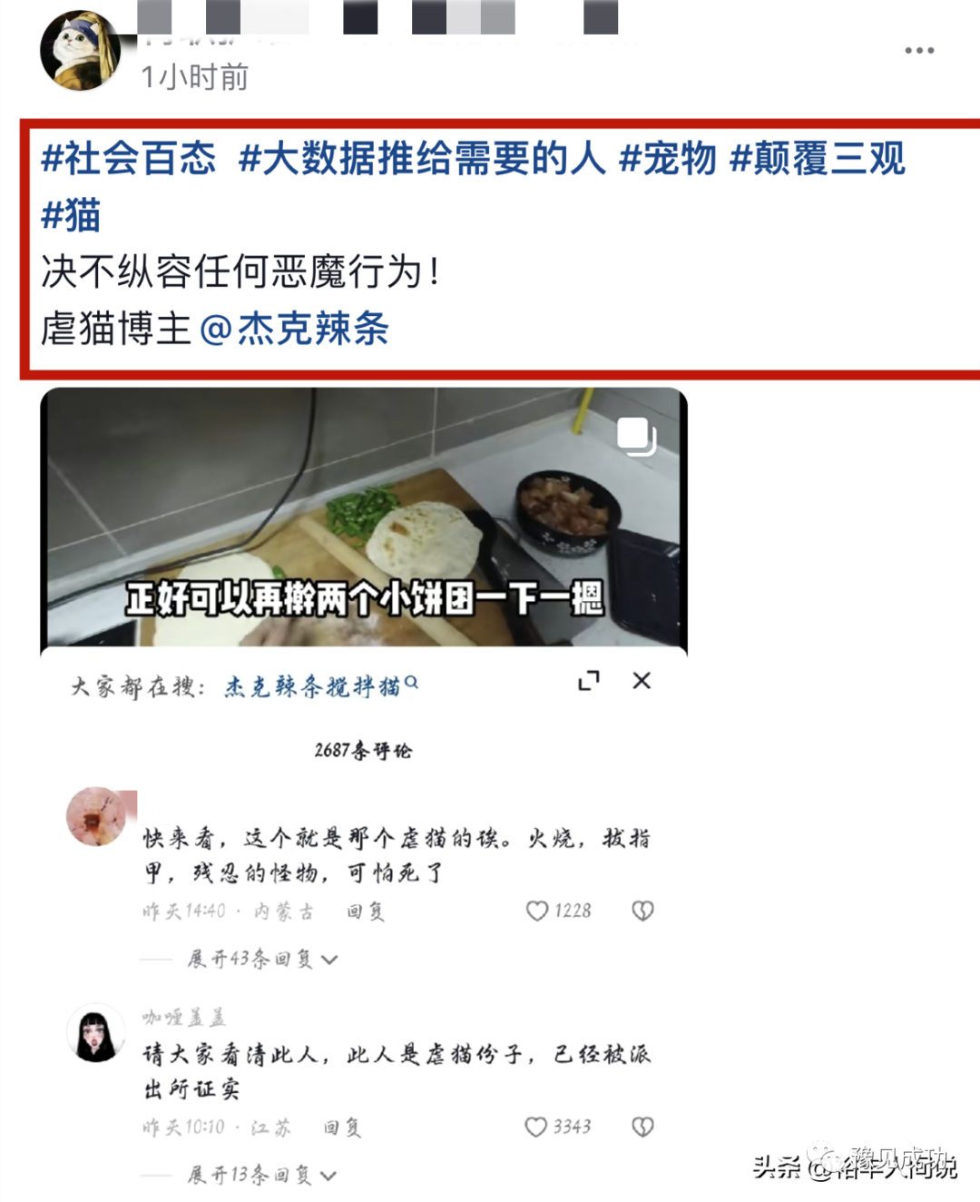 网红“杰克辣条”虐猫画面曝光！绑树上用钳子夹猫爪，评论区沦陷