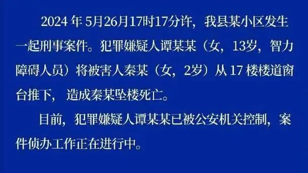 2岁女童遭13岁智障女孩推下17楼身亡，警方介入