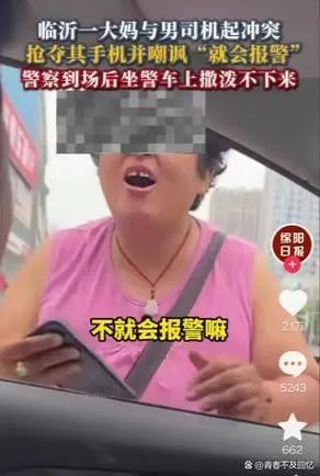 大妈与花臂男司机冲突，抢手机后坐警车上撒泼